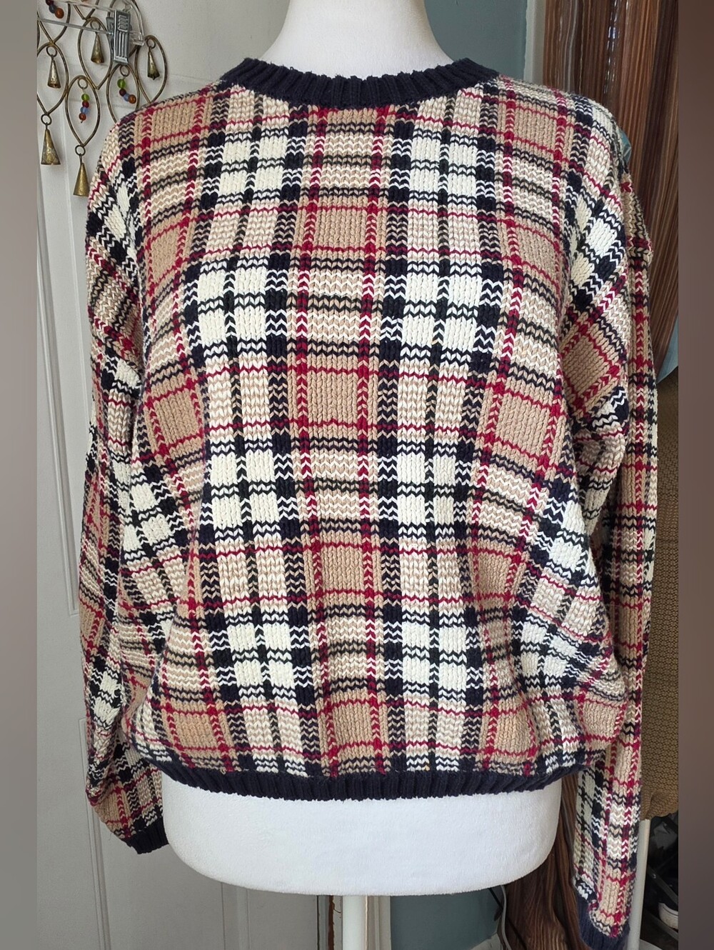 90s Vintage 100% Cotton Plaid Knit Crewneck Sweater Womens M Beige Navy Red Cozy
